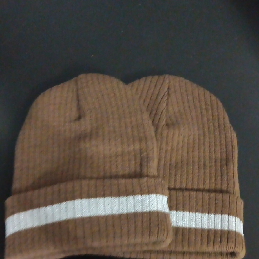 2 Brown Knit Beanie w/ reflector Stripe